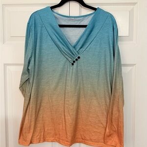 SHEIN Blue and Orange Ombre V-Neck Long Sleeve Top